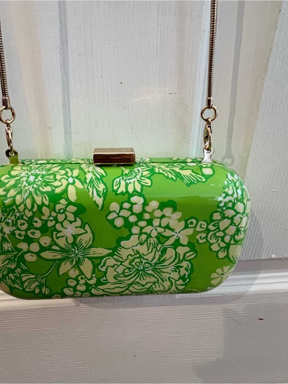 Lilly Pulitzer Lime Green Floral Hardcase Clutch with Gold Chain